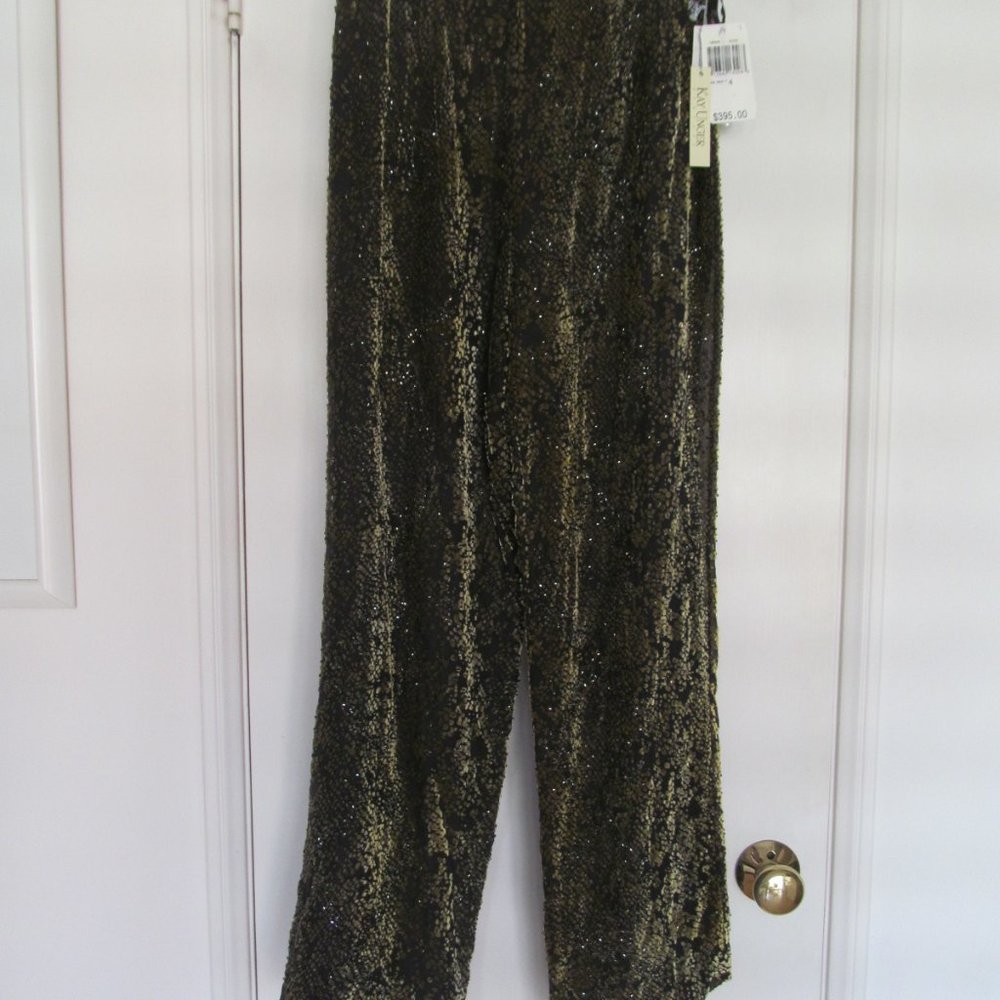 NWT KAY UNGER BLACK & OLIVE GREEN SILK PANTS SZ 4